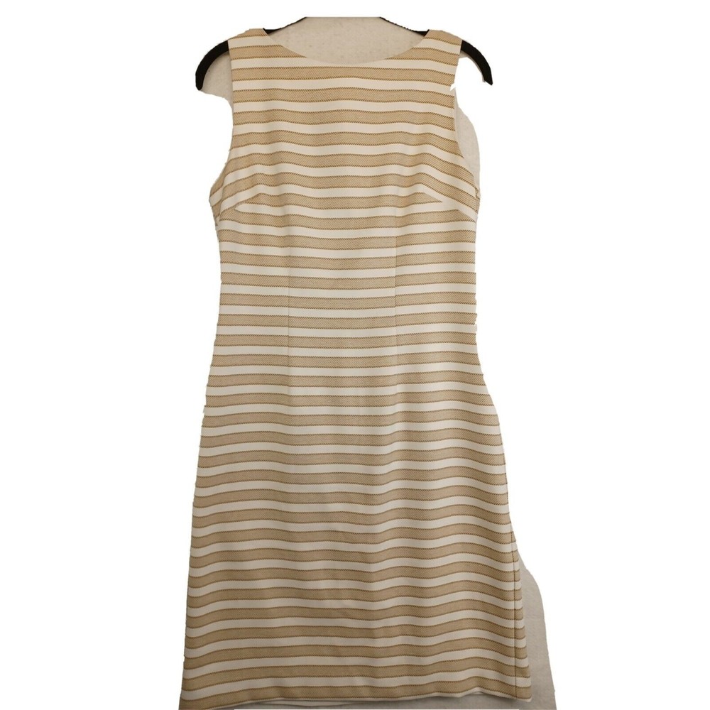 Chetta B Midi Dress Womens 4 Beige/White Sleeveless Slit Zip Stripes Lined